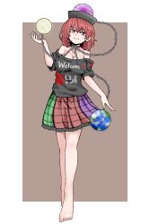 Rule 34 | 1girl, absurdres, barefoot, black headwear, black shirt, border, breasts, chain, cleavage, closed mouth, clothes writing, earth (ornament), fe (tetsu), full body, grey background, hecatia lapislazuli, highres, large breasts, looking at viewer, moon (ornament), red eyes, red hair, shirt, short hair, short sleeves, simple background, smile, solo, t-shirt, touhou, white border