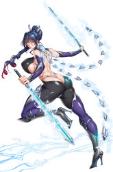 Rule 34 | 1girl, action taimanin, ass, bare shoulders, blue hair, blush, bodysuit, boots, bouncing breasts, breasts, cameltoe, curvy, electricity, fei (maidoll), full body, high ponytail, highleg, highleg leotard, highres, holding, holding sword, holding weapon, huge ass, jumping, large breasts, leotard, lilith-soft, lips, long hair, looking to the side, official art, ponytail, shiny skin, simple background, sword, taimanin (series), taimanin rpgx, uehara rin, very long hair, weapon, white background