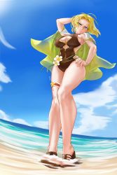 Rule 34 | 1girl, blonde hair, blue eyes, breasts, cape, earrings, female focus, fire emblem, fire emblem: the sacred stones, from below, hand on own head, hand on own hip, highres, jewelry, lazgm, looking at viewer, medium hair, nintendo, official alternate costume, one-piece swimsuit, outdoors, sandals, selena (fire emblem: the sacred stones), selena (summer) (fire emblem: the sacred stones), solo, swimsuit, thigh strap