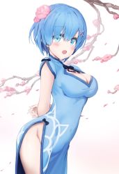 Rule 34 | arms behind back, blue bow, blue dress, blue eyes, blue hair, blush, bow, breasts, china dress, chinese clothes, cleavage, cleavage cutout, clothing cutout, commentary request, dress, flower, hair flower, hair ornament, hairclip, highres, large breasts, micopp, no panties, open mouth, plum blossoms, re:zero kara hajimeru isekai seikatsu, rem (re:zero), side slit, solo, thighs