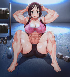 Rule 34 | 1girl, abs, akiyama mio, alternate muscle size, black eyes, black hair, breasts, cleavage, dumbbell, exercising, female focus, full body, highres, indoors, k-on!, keigi, large breasts, long hair, looking at viewer, muscular, muscular female, navel, open mouth, sitting, solo, sweatdrop