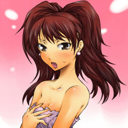 Rule 34 | 1girl, atlus, bare shoulders, blush, brown eyes, embarrassed, flat chest, kujikawa rise, naked towel, persona, persona 4, red hair, segami daisuke, solo, sweatdrop, towel, tsundere, twintails