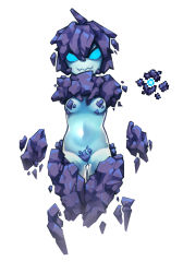 Rule 34 | 1girl, ahoge, amputee, blue eyes, blue skin, breasts, closed mouth, colored skin, full body, granite elemental (terraria), hair between eyes, looking at viewer, navel, no nose, nyong nyong, personification, purple hair, quadruple amputee, reference inset, rock, short hair, simple background, small breasts, smile, solid eyes, solo, terraria, thigh gap, white background