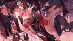 Rule 34 | 1girl, barefoot, black gloves, blunt bangs, blurry, blurry foreground, branch, brown eyes, brown hair, cherry blossoms, crossed ankles, depth of field, detached sleeves, dress, eyeshadow, feet, fish, fox mask, from side, full body, gloves, highres, honkai: star rail, honkai (series), in tree, index finger raised, long hair, looking at viewer, lying, lying on branch, makeup, mask, mask on head, mole, mole under eye, obi, obijime, on branch, on stomach, outdoors, pink ribbon, pink sky, purple sky, red dress, red eyeshadow, red nails, ribbon, sash, seigaiha, single glove, sky, smile, solo, sparkle (honkai: star rail), tassel, tree, twintails, unworn mask, weibo logo, weibo username, ye xing caomei