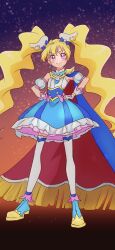 Rule 34 | 1girl, blonde hair, blush, commentary request, cosplay, crossover, cure peach, cure sky, cure sky (cosplay), dress, earrings, eyelashes, fpminnie1, fresh precure!, gloves, gradient background, hair ornament, happy, highres, hirogaru sky! precure, in-franchise crossover, jewelry, long hair, looking at viewer, magical girl, momozono love, pink eyes, precure, sketch, smile, solo, standing, thighhighs, thighs, twintails, very long hair, white gloves, wing hair ornament