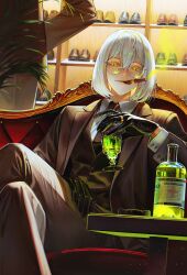 Rule 34 | 2boys, absurdres, alcohol, black gloves, black jacket, black necktie, black pants, black suit, bottle, business suit, buttoned cuffs, buttons, cigar, collared shirt, crossed legs, cup, drinking glass, formal, glass bottle, glasses, gloves, green eyes, highres, jacket, jewelry, male focus, multiple boys, necktie, on (onon2659), original, pant suit, pants, ring, round eyewear, shelf, shirt, shoes, short hair, sitting, smoke, smoking, solo focus, suit, suit jacket, table, white hair