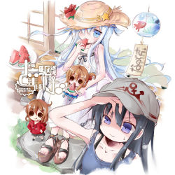 Rule 34 | 4girls, :3, :q, akatsuki (kancolle), anchor print, ankle lace-up, arm up, armpits, bare arms, bare shoulders, baseball cap, black footwear, black hair, black shorts, blue eyes, blue hair, blue skirt, blush stickers, bra strap, character request, chibi, closed mouth, collarbone, comiket 88, commentary request, cross-laced footwear, cross-laced sandals, day, dot pupils, drawstring, dress, eating, eyes visible through hair, flower, food, food on face, front-tie top, fruit, grey hat, hair between eyes, hair ornament, hair over one eye, hairclip, hammer and sickle, hand up, hands on own hips, hat, hat flower, hat ornament, hatching (texture), hibiki (kancolle), hibiscus, holding, holding food, holding fruit, hood, hood down, hoodie, jitome, kantai collection, light blue hair, light particles, long hair, long sleeves, looking afar, looking up, multiple girls, no nose, orange hair, outdoors, parted bangs, plate, platform footwear, pleated skirt, print headwear, purple eyes, raised eyebrows, red flower, red hoodie, sandals, shading eyes, shorts, sitting, sitting on lap, sitting on person, sketch, skirt, sleeveless, sleeveless dress, solid circle eyes, standing, straw hat, sundress, tank top, tongue, tongue out, torn clothes, torn sleeves, translation request, uneven eyes, v-shaped eyebrows, verniy (kancolle), very long hair, watermelon, white dress, wind chime, yamaguchi shinnosuke