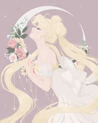 Rule 34 | 1girl, bare shoulders, bishoujo senshi sailor moon, blonde hair, bow, breasts, chel faust, commentary, crescent moon, dress, earrings, english commentary, closed eyes, flower, grey background, hair ornament, highres, jewelry, long hair, moon, pixel art, princess serenity, profile, simple background, small breasts, solo, star (sky), tsukino usagi, twintails, very long hair, white bow, white dress