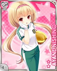 Rule 34 | 1girl, :o, basket, blonde hair, card, character name, girlfriend (kari), gloves, green pants, hand on face, headband, nishino ayane, official art, open mouth, pants, pink background, qp:flapper, red eyes, shirt, solo, tagme, twintails, white shirt