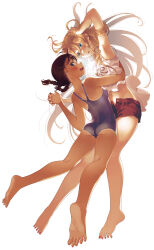 Rule 34 | 2girls, aqua eyes, armpits, ass, bare arms, bare legs, bare shoulders, barefoot, black hair, blonde hair, braid, cellphone, character request, competition school swimsuit, cropped shirt, feet, hand in own hair, hattori mitsuru, highres, holding hands, hug, kaijuu iro no shima, legs, long hair, looking at another, looking at viewer, looking back, multiple girls, nail polish, navel, one-piece swimsuit, open fly, open mouth, phone, purple eyes, red nails, red shorts, school swimsuit, shirt, short hair, shorts, simple background, smartphone, soles, swimsuit, toenail polish, toenails, toes, twin braids, white background, white shirt, yuri