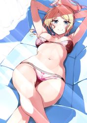 Rule 34 | 1girl, arms behind head, arms up, bare legs, bikini, blonde hair, blue eyes, bow, bow bikini, breasts, commentary request, couch, crossed legs, feet out of frame, harukana receive, highres, light rays, looking at viewer, lying, medium breasts, navel, nyoijizai, on back, pink bikini, ponytail, smile, solo, sunbeam, sunlight, swimsuit, thomas claire, wooden floor
