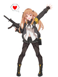 Rule 34 | 1girl, armband, arms up, black bow, black jacket, black ribbon, blush, boots, bow, brown hair, cross-laced footwear, fang, fang out, fingerless gloves, girls&#039; frontline, gloves, gun, hair ornament, hairclip, heart, heartsix, highres, holding, holding gun, holding weapon, hood, hood down, hooded jacket, jacket, knee pads, lace-up boots, navel, open mouth, orange eyes, pantyhose, ribbon, scar, scar across eye, scar on face, solo, speech bubble, submachine gun, twintails, ump9 (girls&#039; frontline), weapon