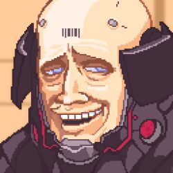 Rule 34 | 1boy, bald, barcode, barcode tattoo, blue eyes, forehead tattoo, hcnone, highres, looking at viewer, metal gear (series), metal gear rising: revengeance, open mouth, pixel art, smile, smug, solo, sundowner (metal gear rising), tattoo