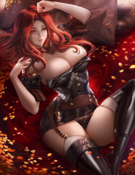Rule 34 | 1girl, artist name, black panties, boots, breasts, brown eyes, cleavage, curly hair, detached collar, detached sleeves, eyelashes, facial tattoo, final fantasy, final fantasy xiv, garter belt, glasses, grin, high heel boots, high heels, highres, javier estrada, lace, lace-trimmed panties, lace trim, large breasts, lips, lipstick, long hair, looking at viewer, lying, makeup, nail polish, original, panties, parted lips, pencil skirt, red hair, ribbon-trimmed panties, signature, skindentation, skirt, smile, solo, strapless, tattoo, thigh boots, thighhighs, thighs, underwear, warrior of light (ff14), white thighhighs