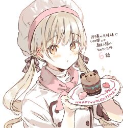 Rule 34 | 1girl, :o, animal-themed food, artist name, blonde hair, blush, buttons, cake, chef hat, chocolate cake, commentary request, double-breasted, food, hair ribbon, hanekoto, happy valentine, hat, heart, heart-shaped food, highres, holding, holding plate, jacket, long hair, looking at viewer, looking to the side, low twintails, neckerchief, otonari no tenshi-sama ni itsu no mani ka dame ningen ni sarete ita ken, patissier, pink neckerchief, plaid, plaid ribbon, plate, ribbon, shiina mahiru (otonari no tenshi-sama), signature, simple background, sleeves rolled up, solo, sweets, translation request, twintails, white background, white jacket, yellow eyes