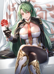 Rule 34 | 1girl, arm support, azur lane, black gloves, black pantyhose, boots, brown eyes, cape, crossed legs, cuboon, dress, earrings, flower, full body, glint, gloves, green hair, highres, holding, holding flower, jewelry, knee boots, littorio (azur lane), multicolored hair, necktie, pantyhose, parted lips, red flower, red hair, red necktie, red rose, rose, sidelocks, sitting, skindentation, sleeve cuffs, smile, solo, twitter username, weapon