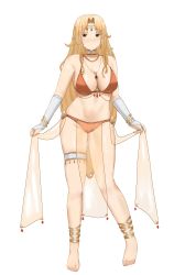 Rule 34 | 1girl, absurdres, barefoot, bikini, blonde hair, blush, bracelet, breasts, bridal gauntlets, brigid (fire emblem), brown eyes, commission, fire emblem, fire emblem: genealogy of the holy war, full body, harem outfit, headpiece, highres, jewelry, large breasts, long hair, necklace, nintendo, nvl, orange bikini, see-through, simple background, solo, swimsuit, thigh strap, underwear, white background