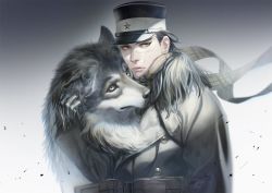 Rule 34 | 1boy, alternate costume, animal, black hair, black sclera, body fur, brown coat, brown eyes, buttons, coat, colored sclera, expressionless, facial scar, golden kamuy, hat, highres, imperial japanese army, kepi, male focus, military hat, realistic, scar, scar on cheek, scar on face, scar on nose, scarf, short hair, simple background, solo, spiked hair, sugimoto saichi, symbolism, upper body, w55674570w, wolf, yellow eyes, yellow scarf