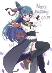 1girl absurdres birthday black_thighhighs blue_hair commentary dated earrings english_text feathers genjitsu_no_yohane hair_bun happy_birthday highres ice_compass0610 jewelry long_hair looking_at_viewer love_live! love_live!_sunshine!! purple_eyes purple_feathers signature single_side_bun solo staff thighhighs tsushima_yoshiko white_background