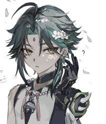 Rule 34 | 1boy, ahoge, arm tattoo, bead necklace, beads, black gloves, black hair, facial mark, flower, forehead mark, genshin impact, gloves, green hair, hair flower, hair ornament, highres, jewelry, male focus, multicolored hair, necklace, orange eyes, petals, simple background, solo, tattoo, upper body, white background, white flower, xiao (genshin impact), zaso