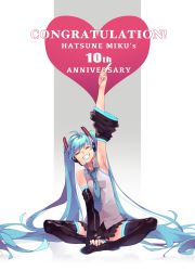 Rule 34 | 1girl, absurdres, anniversary, armpits, black skirt, black thighhighs, blue necktie, character name, commentary, congratulations, detached sleeves, facing viewer, grey shirt, grin, hand up, hatsune miku, head tilt, headphones, headset, highres, index finger raised, indian style, long hair, long sleeves, microphone, miniskirt, necktie, pleated skirt, reiga (act000), shirt, sitting, skirt, sleeveless, sleeveless shirt, smile, solo, thighhighs, twintails, very long hair, vocaloid