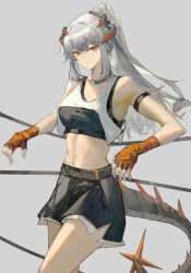 Rule 34 | 1girl, absurdres, arknights, bare shoulders, black shorts, breasts, closed mouth, collarbone, commentary request, earrings, grey background, grey hair, hand wraps, highres, horns, jewelry, long hair, looking at viewer, medium breasts, navel, orange eyes, ponytail, saria (arknights), short shorts, shorts, sidelocks, simple background, solo, tail, z shuidao