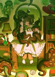 Rule 34 | 2girls, antique phone, apron, black hair, bonnet, book, bookshelf, brown hair, ceiling light, chair, closed eyes, day, dress, frilled apron, frills, full body, hand on another&#039;s shoulder, hat, hat stand, highres, holding another&#039;s wrist, indoors, kagenoyuhi, lamp, long sleeves, maid apron, mirror, multiple girls, no shoes, on table, open mouth, original, phone, plant, potted plant, rotary phone, short hair, short sleeves, sitting, socks, suction cups, table, tears, tentacles, through medium, through mirror, two side up, unworn hat, unworn headwear, vanity table, white apron, white eyes, white socks