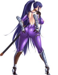 Rule 34 | 1girl, akiyama rinko, aoi nagisa (metalder), ass, ass focus, ass grab, back, blue hair, bodysuit, boots, breasts, cameltoe, cleavage, cleavage cutout, cleft of venus, clothing cutout, covered navel, curvy, fishnets, full body, game cg, high ponytail, highres, huge ass, katana, large breasts, legs apart, lilith-soft, long hair, looking at viewer, purple eyes, sexually suggestive, shiny, shiny clothes, shiny skin, simple background, smile, solo, spread ass, standing, sword, taimanin (series), taimanin yukikaze, taimanin yukikaze 2, underboob, very long hair, weapon