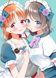 Rule 34 | 2girls, :o, absurdres, apron, aqua background, blue bow, blue eyes, blush, bow, bowtie, cheek-to-cheek, commentary request, flower, frilled sleeves, frills, grey hair, hair bow, hair flower, hair ornament, heads together, high-waist skirt, highres, hina (hinalovesugita), holding, holding tray, love live!, love live! school idol festival, love live! sunshine!!, maid, maid headdress, multiple girls, orange hair, purple neckwear, red eyes, skirt, smile, striped, striped bow, takami chika, tray, upper body, watanabe you, white bow