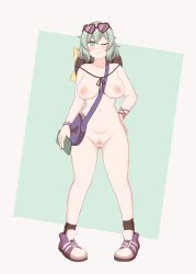 Rule 34 | 1girl, alternate costume, bag, black hat, black socks, bracelet, breasts, cleft of venus, collarbone, colored pubic hair, commentary, eyewear on head, female pubic hair, full body, gluteal fold, green eyes, green hair, groin, hand on own hip, handbag, hat, hat on back, heart, heart-shaped eyewear, highres, holding, holding phone, jewelry, kiryuu soma, komeiji koishi, large breasts, light smile, looking at viewer, navel, nipples, nude, one eye closed, phone, pigeon-toed, pubic hair, pussy, shoes, short hair, simple background, smile, socks, solo, standing, sunglasses, touhou