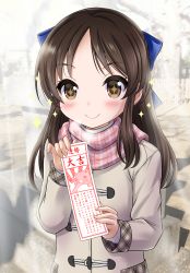 Rule 34 | + +, 1girl, blue bow, blush, bow, breath, brown eyes, brown hair, closed mouth, coat, commentary request, day, duffel coat, fingernails, grey coat, hair bow, highres, holding, idolmaster, idolmaster cinderella girls, long hair, long sleeves, neko danshaku, omikuji, outdoors, parted bangs, sleeves past wrists, smile, solo, sparkle, tachibana arisu, translation request, upper body