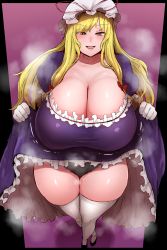 Rule 34 | 1girl, absurdres, black panties, blonde hair, blush, breasts, cleavage, clothes lift, curvy, dress, dress lift, feet, female focus, frilled dress, frills, full body, gloves, groin, hands up, hat, highres, huge breasts, legs, legs together, lifted by self, long hair, looking at viewer, matching hair/eyes, mob cap, motion lines, open mouth, panties, presenting, puffy short sleeves, puffy sleeves, shoes, short sleeves, simple background, smile, solo, standing, starraisins, steaming body, thighhighs, thighs, touhou, two-tone background, underwear, white thighhighs, yakumo yukari, yellow eyes