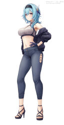 Rule 34 | 1girl, asymmetrical hair, black gloves, black hairband, black jacket, blue hair, breasts, casual, closed mouth, clothing cutout, crop top, denim, eula (genshin impact), full body, genshin impact, gloves, hair ornament, hairband, hand on own hip, high heels, highres, jacket, jeans, kinoko kun, large breasts, medium hair, midriff, navel, off shoulder, pants, simple background, solo, stomach, toes, white background, yellow eyes