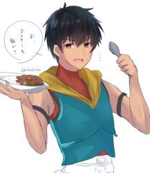 Rule 34 | 1boy, :d, arash (fate), armband, belt, black hair, curry, curry rice, fate/grand order, fate/prototype, fate/prototype: fragments of blue and silver, fate (series), food, hand up, highres, holding, holding plate, holding spoon, male focus, open mouth, plate, rice, simple background, sleeveless, sleeveless jacket, smile, solo, spoon, tanaji, translated, twitter username, upper body, v-shaped eyebrows, white background