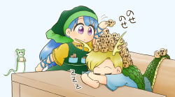 Rule 34 | :/, :3, antlers, apron, blonde hair, blue background, blue hair, blue shirt, chibi, commentary request, couch, cup, dragon horns, dragon tail, dress, green headwear, haniwa (statue), haniyasushin keiki, head on table, holding, holding saucer, hood, horns, jewelry, kicchou yachie, long hair, looking to the side, magatama, magatama necklace, necklace, otter spirit (touhou), outstretched arm, purple eyes, saucer, shell, shirt, short hair, short sleeves, simple background, sleeping, stacking, table, tail, touhou, very long hair, yellow dress, yukimuro, zzz