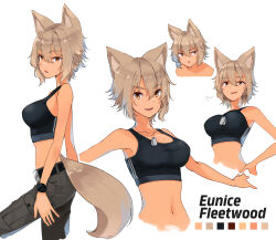 Rule 34 | 1girl, :d, animal ear fluff, animal ears, bare arms, bare shoulders, belt, belt buckle, black belt, breasts, brown eyes, brown hair, buckle, character name, collarbone, color guide, commentary, dreadtie, eunice fleetwood, fang, grey pants, hair between eyes, highres, medium breasts, multiple views, navel, open mouth, original, pants, parted lips, simple background, smile, tail, thick eyebrows, v-shaped eyebrows, white background