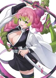 Rule 34 | 1girl, :d, absurdres, belt, braid, braided ponytail, breasts, cleavage, demon slayer uniform, floating hair, gradient hair, green eyes, green hair, haori, highres, holding, holding sword, holding weapon, japanese clothes, kanroji mitsuri, kimetsu no yaiba, kookie, large breasts, leg up, long hair, mole, mole under each eye, mole under eye, multicolored hair, multiple moles, open mouth, pink hair, scabbard, sheath, simple background, smile, solo, sword, teeth, twin braids, two-tone hair, weapon, whip sword, white background, white belt