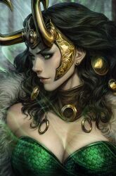 Rule 34 | 1girl, alternate form, armor, black hair, breasts, cleavage, closed mouth, crown, earrings, from side, fur trim, green eyes, highres, horns, jewelry, lady loki, large breasts, loki (marvel), long hair, marvel, official art, realistic, scale armor, solo, stanley lau