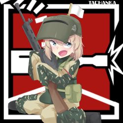Rule 34 | 1girl, absurdres, aliasing, artist name, ballistic face mask, ballistic face shield, ballistic helmet, belt, black footwear, body armor, boots, camouflage, character name, commentary, cosplay, degtyaryov machine gun, dp-27, drum magazine, emblem, english commentary, fang, flag, girls und panzer, green belt, green jacket, green pants, grey headwear, gun, helmet, high-capacity magazine, highres, holding, holding gun, holding weapon, jacket, katyusha (girls und panzer), kshimu, light machine gun, long sleeves, looking at viewer, machine gun, magazine (weapon), maska, open mouth, oversized clothes, pan magazine, pants, pouch, rainbow six siege, short hair, sitting, sleeves past fingers, sleeves past wrists, smirk, solo, tachanka (rainbow six siege), tachanka (rainbow six siege) (cosplay), v-shaped eyebrows, visor, visor (armor), wariza, weapon, weapon request, white flag