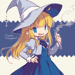 Rule 34 | 1girl, ahoge, ascot, black ascot, blonde hair, blue dress, buttons, copyright name, dress, grey hat, grey jacket, hand on hilt, hand up, hat, holding, holding test tube, jacket, juliet sleeves, long sleeves, looking at viewer, madou monogatari, open mouth, puffy sleeves, puyopuyo, rakuni, romaji text, sideways glance, smile, smoke, smug, solo, test tube, wing collar, witch (puyopuyo), witch hat