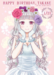 Rule 34 | 1girl, ariga nao, bare shoulders, blush, breasts, cleavage, dress, female focus, flower, gloves, hair flower, hair ornament, hairband, hands on own cheeks, hands on own face, happy birthday, idolmaster, idolmaster (classic), long hair, looking at viewer, plant, red eyes, shijou takane, silver hair, smile, solo