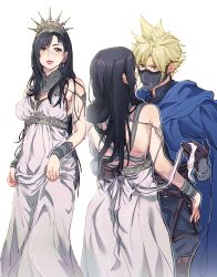 Rule 34 | 1boy, 1girl, baggy pants, bare shoulders, belt, belt buckle, black hair, blonde hair, blue cape, blue eyes, bracelet, breasts, brown gloves, buckle, cape, cleavage, closed mouth, clothes lift, cloud strife, cloud strife (alphreid costume), couple, crown, dress, dress lift, earrings, feet out of frame, final fantasy, final fantasy vii, final fantasy vii rebirth, final fantasy vii remake, gloves, hand on another&#039;s hip, highres, jewelry, large breasts, light blush, lips, long hair, looking at another, looking at viewer, mask, mouth mask, multiple views, official alternate costume, pants, pink lips, princess rosa costume, pudelmudel, red eyes, single earring, spiked hair, stud earrings, tiara, tifa lockhart, tifa lockhart (loveless dress), white background, white dress