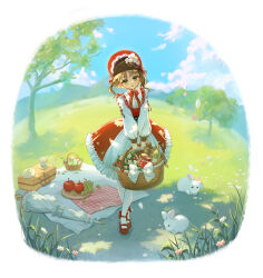 Rule 34 | 1girl, :o, absurdres, ankle bow, ankle ribbon, apple, basket, blue sky, bonnet, bow, bread, brown hair, cherry tomato, chin strap, closed umbrella, cloud, collared shirt, crossed legs, cup, dappled sunlight, dress, eagle (reverse:1999), falling petals, fisheye, flower, food, frilled dress, frilled umbrella, frills, fruit, full body, gloria (gloriao3o), grapes, grass, green eyes, hair flower, hair ornament, hat, highres, holding, holding basket, jam, jar, lolita fashion, long sleeves, looking at viewer, mary janes, medium dress, mountainous horizon, outdoors, pantyhose, petals, picnic blanket, plate, puffy long sleeves, puffy sleeves, rabbit, red dress, red footwear, red hat, red ribbon, reverse:1999, ribbon, saucer, shirt, shoes, short hair, sky, solo, standing, suitcase, sunlight, teacup, tomato, tree, umbrella, watson cross, white background, white bow, white footwear, white pantyhose, white shirt, white umbrella