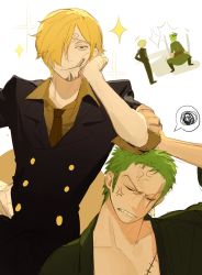 Rule 34 | 2boys, angry, arm on own head, blonde hair, cigarette, collage, collared shirt, curly eyebrows, elbow rest, facial hair, goatee, green hair, green kimono, hair over one eye, highres, japanese clothes, kimono, loose necktie, male focus, multiple boys, necktie, one piece, pectoral cleavage, pectorals, roronoa zoro, sanji (one piece), scar, scar across eye, shirt, short hair, smug, unfinished, upper body, ynnn m