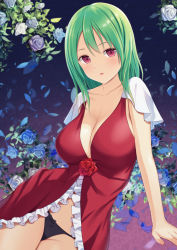 Rule 34 | 1girl, arm behind back, arm support, babydoll, banned artist, black panties, blue flower, blue rose, breasts, cleavage, collarbone, commentary, floral background, flower, gradient background, green hair, hair between eyes, large breasts, leaning to the side, long hair, looking at viewer, n.g., no pants, original, paid reward available, panties, parted lips, petals, red eyes, red flower, rose, underwear, white flower, white rose