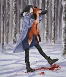 Rule 34 | 1girl, am4 pm4, animal, animal ears, black hair, blood, blood stain, blue eyes, chainsaw man, coat, dead animal, forest, fox, fox ears, fox tail, full body, gloves, highres, long hair, mole, mole under eye, mole under mouth, nature, pantyhose, santa claus (chainsaw man), smile, snow, solo, tail, tree, winter, winter clothes, winter coat