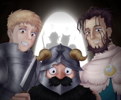 Rule 34 | !, 2girls, 4boys, ?, backlighting, beard, cave, chilchuck tims, crossover, dungeon meshi, dwarf, facial hair, fake horns, grummsed, helmet, highres, holding, holding knife, horned helmet, horns, izutsumi, knife, laios touden, long beard, looking ahead, made in abyss, male focus, marcille donato, multiple boys, multiple girls, mustache, senshi (dungeon meshi), silhouette, smile, thick mustache, very long beard, wazukyan, wide-eyed