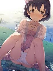 Rule 34 | 1girl, barefoot, black hair, blush, bow, brown eyes, cloud, cloudy sky, collarbone, commentary request, dress, dutch angle, feet out of frame, female focus, frilled dress, frills, grass, hair bow, have to pee, highres, idolmaster, idolmaster cinderella girls, jacket, jewelry, knees up, necklace, nose blush, open clothes, open jacket, outdoors, panties, panty pull, pendant, pink bow, pink dress, pink jacket, power lines, pussy, pussy peek, seneto, shallow water, shiragiku hotaru, short hair, sitting, sky, soaking feet, solo, spread legs, sweat, underwear, utility pole, water, white bow, white panties
