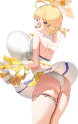Rule 34 | 1girl, absurdres, ahoge, alternate breast size, arched back, ass, back, blonde hair, blue archive, bouncing, bouncing breasts, braid, breasts, cheerleader, clothes lift, commentary request, deep skin, english text, french braid, hair ornament, hairclip, halo, hamd up, highres, huge breasts, jumping, kotori (blue archive), kotori (cheer squad) (blue archive), leg strap, low twintails, millennium cheerleader outfit (blue archive), nicorima, panties, pleated skirt, pom pom (cheerleading), short hair, skindentation, skirt, skirt lift, sports bra, strap, suspender skirt, suspenders, thick thighs, thigh strap, thighs, twintails, underboob, underwear, wedgie, white panties, white skirt, yellow halo