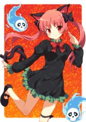 Rule 34 | 1girl, :3, alternate hairstyle, animal ears, black footwear, blush, bow, braid, bug, butterfly, cat ears, cat girl, cat tail, dragonfly, dress, extra ears, female focus, ghost, gradient background, hair bow, highres, insect, intertwined tails, kaenbyou rin, long hair, looking at viewer, multiple tails, nekomata, no socks, outside border, red background, red eyes, red hair, revision, shoes, skull, smile, solo, tail, thigh strap, touhou, twintails, yamasan